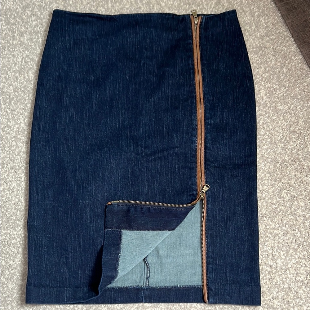 Ralph Lauren Dark Indigo Denim Pencil Skirt with Brown Zip Trim